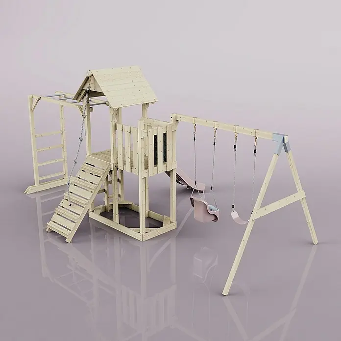 OutdoorToys Kinderspielturm Helsingborg - L x B x H: 358 x 562 x 275 cm, Rosa - Kinderspielplatz aus Holz mit Schaukeln, Rutsche und Klettergerüst für stundenlangen Spielspaß im Freien.