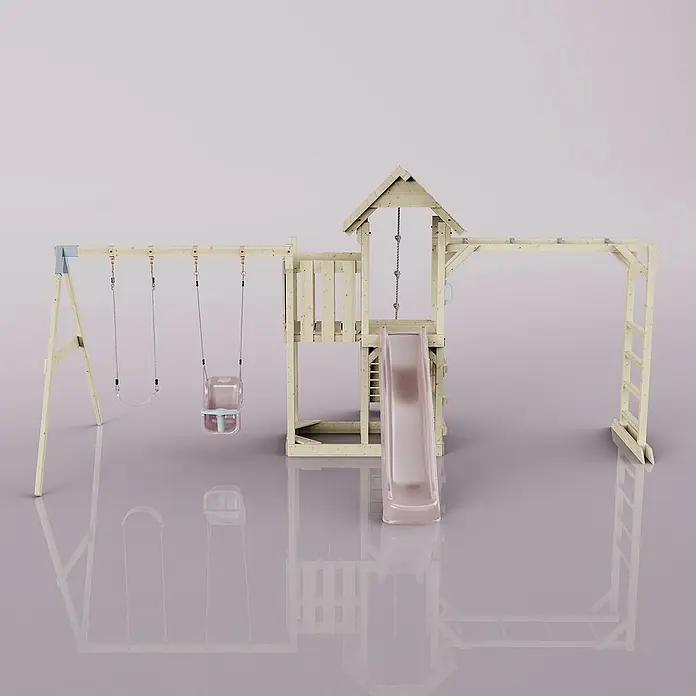 OutdoorToys Kinderspielturm Helsingborg - L x B x H: 358 x 562 x 275 cm, Rosa - Ansicht eines Holzspielplatzes mit Schaukeln, Rutsche und Klettergerüst. Ideal für Kinder zum Spielen und Spaß haben im Garten.