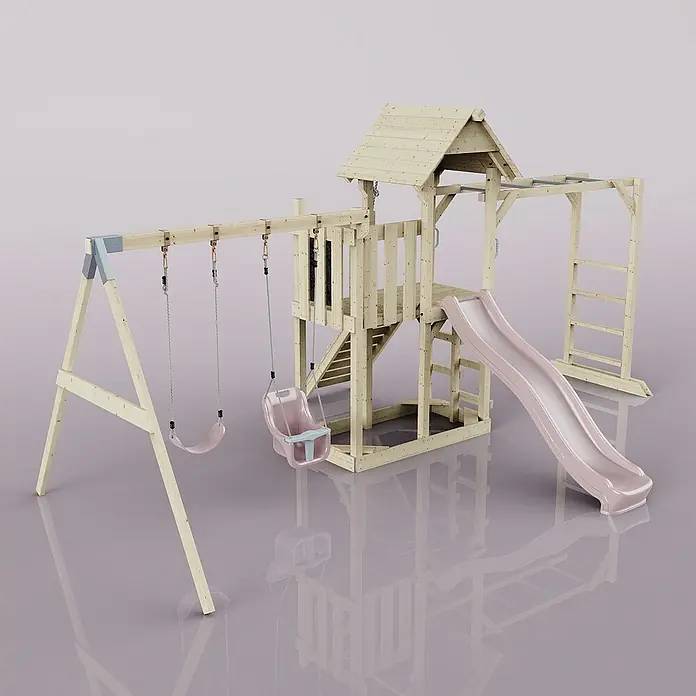 OutdoorToys Kinderspielturm Helsingborg - L x B x H: 358 x 562 x 275 cm, Rosa - Ein hölzerner Spielplatz mit Schaukel, Rutsche und Klettergerüst, ideal für stundenlangen Spaß im Freien.