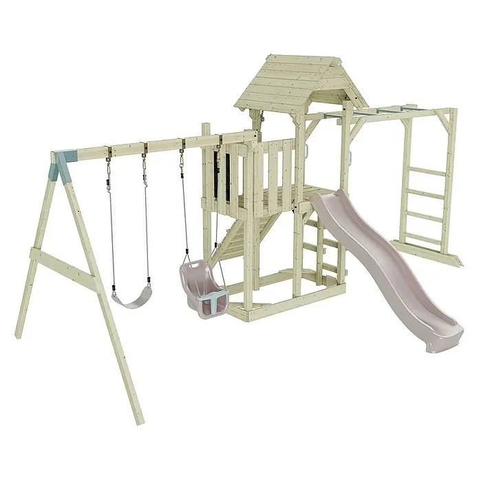 OutdoorToys Kinderspielturm Helsingborg - L x B x H: 358 x 562 x 275 cm, Rosa - Hölzernes Spielhaus mit Schaukel, Rutsche und Klettergerüst für Kinder zum Spielen und Spaß haben im Garten.