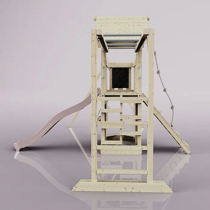 OutdoorToys Kinderspielturm Helsingborg - L x B x H: 358 x 562 x 275 cm, Rosa - Eine hölzerne Spielanlage mit Rutsche, Kletterwand und Affenschaukel, ideal für Kinder zum Spielen und Austoben im Freien.