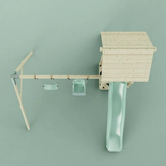 OutdoorToys Kinderspielturm Vimmerby - L x B x H: 332 x 357 x 273 cm, Grün - Holzspielhaus mit Schaukel und Rutsche für Kinder. Das Spielhaus bietet Spaß und Abenteuer im Garten.