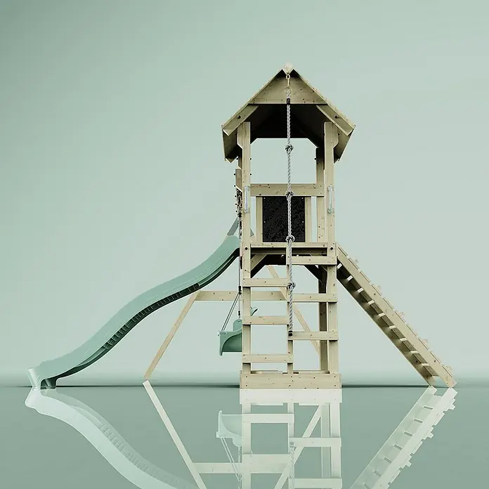 OutdoorToys Kinderspielturm Vimmerby - L x B x H: 332 x 357 x 273 cm, Grün - Holzspielturm mit Rutsche und Klettergerüst. Der Spielturm ist eine tolle Ergänzung für jeden Garten und bietet viel Spaß für Kinder.