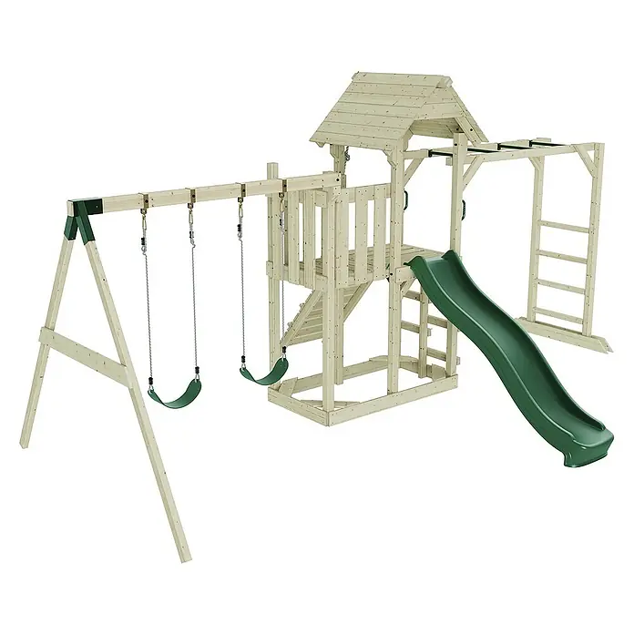 OutdoorToys Kinderspielturm Helsingborg - L x B x H: 358 x 562 x 275 cm, Grün - Ein hölzerner Spielplatz mit Schaukeln, Rutsche und Klettergerüst für stundenlangen Spaß im Garten. Ideal für aktive Kinder!