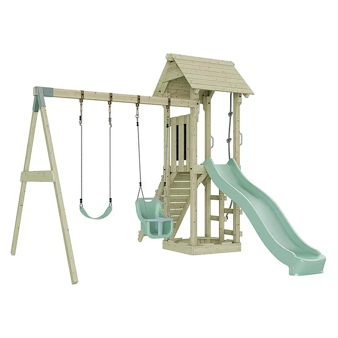 OutdoorToys Kinderspielturm Vimmerby - L x B x H: 332 x 357 x 273 cm, Grün - Holzspielplatz mit Schaukeln, Rutsche und Spielhaus für Kinder zum Klettern, Rutschen und Schaukeln im Freien.