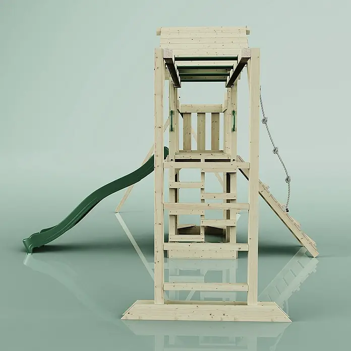 OutdoorToys Kinderspielturm Helsingborg - L x B x H: 358 x 562 x 275 cm, Grün - Ein hölzerner Spielturm mit Rutsche, Kletterwand und Affenschaukel vor einem neutralen Hintergrund. Ideal für den Garten!