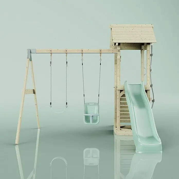 OutdoorToys Kinderspielturm Vimmerby - L x B x H: 332 x 357 x 273 cm, Grün - Ein Spielplatz mit Schaukeln, Rutsche und Kletterturm. Das perfekte Spielgerät für Kinder zum Austoben im Freien.