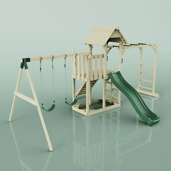 OutdoorToys Kinderspielturm Helsingborg - L x B x H: 358 x 562 x 275 cm, Grün - Ein detailreiches Bild eines Holzspielplatzes mit Schaukeln, Rutsche und Klettergerüst. Ideal für stundenlangen Spaß im Freien.