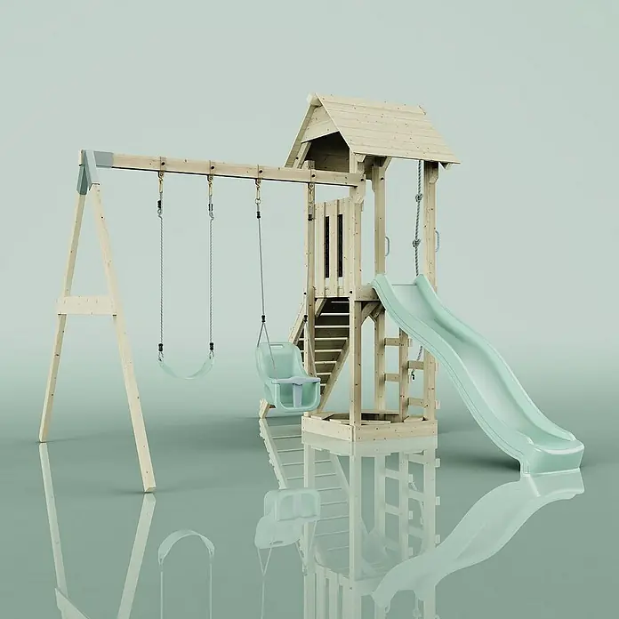 OutdoorToys Kinderspielturm Vimmerby - L x B x H: 332 x 357 x 273 cm, Grün - Ein hölzernes Spielhaus mit Schaukel und Rutsche für Kinder, ideal für den Garten und zum Spielen im Freien.