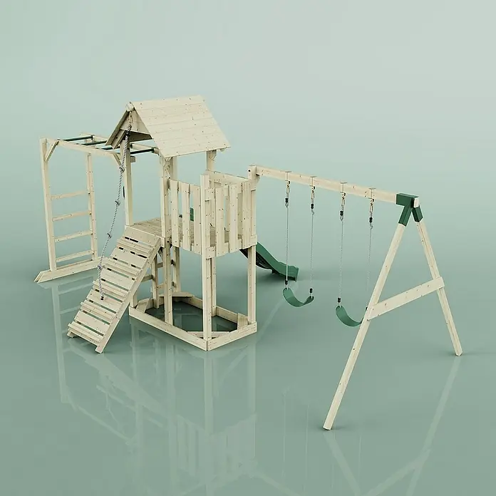 OutdoorToys Kinderspielturm Helsingborg - L x B x H: 358 x 562 x 275 cm, Grün - Holzspielplatz mit Schaukeln, Rutsche und Klettergerüst für stundenlangen Spielspaß im Freien.