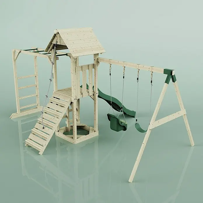OutdoorToys Kinderspielturm Örebro - L x B x H: 358 x 491 x 275 cm, Grün - Das Bild zeigt einen hölzernen Spielplatz mit Schaukeln, Rutsche, Kletterwand und Leiter. Ideal für Kinder zum Spielen im Freien.