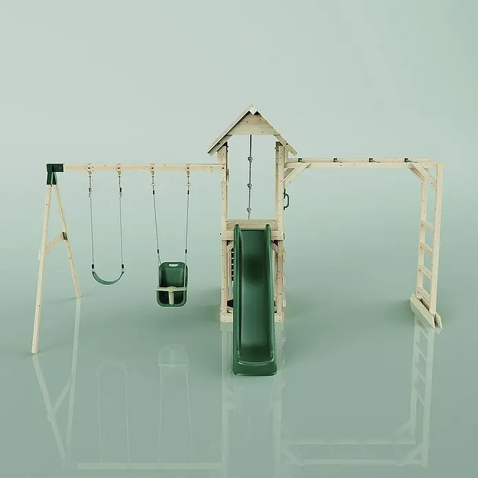 OutdoorToys Kinderspielturm Örebro - L x B x H: 358 x 491 x 275 cm, Grün - Ein hölzernes Spielgerüst mit Schaukeln, Rutsche und Klettergerüst, ideal für stundenlangen Spielspaß im Freien.