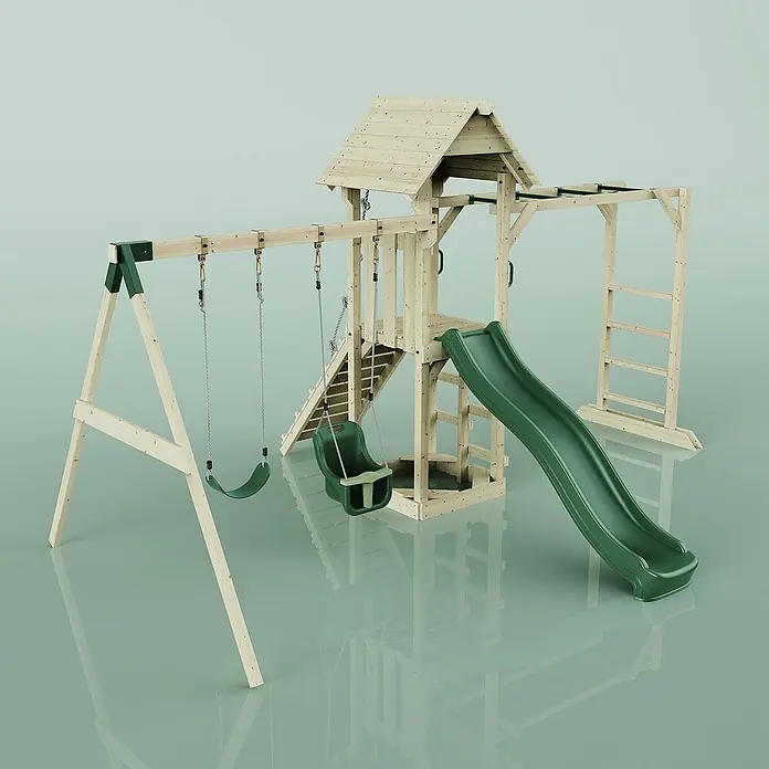 OutdoorToys Kinderspielturm Örebro - L x B x H: 358 x 491 x 275 cm, Grün - Ein detailreiches Bild eines Holzspielplatzes mit Schaukeln, Rutsche und Klettergerüst, ideal für Kinder zum Spielen und Austoben im Freien.