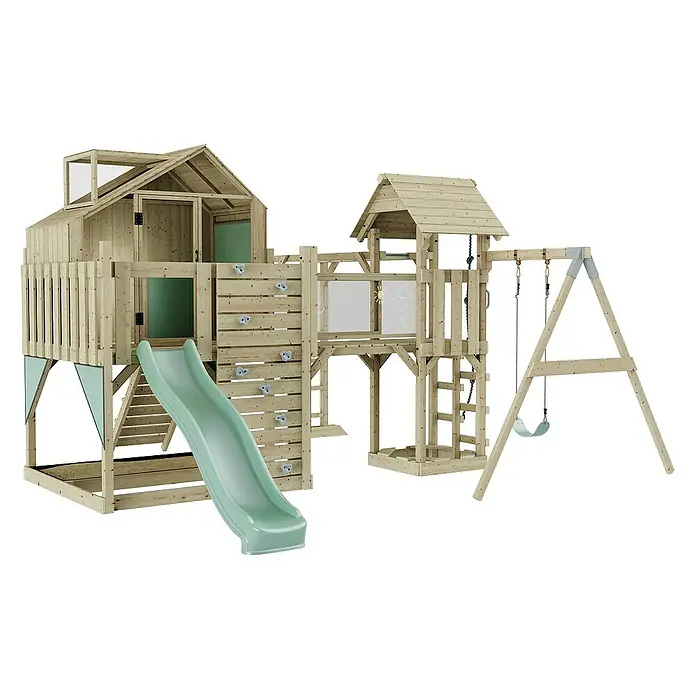 OutdoorToys Kinderspielturm Mille Kinderschaukel; - Holz, Grün - Holzspielplatz mit Rutsche, Kletterwand, Schaukel und Spielhaus. Ideal für Kinder zum Spielen und Toben im Garten.