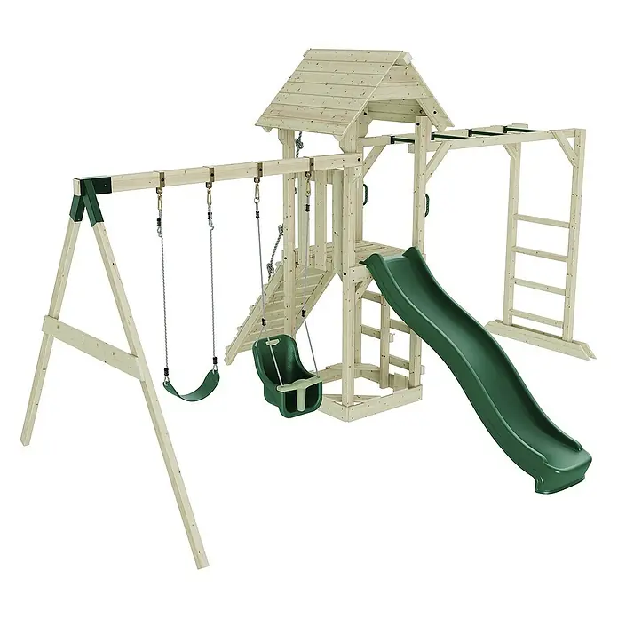 OutdoorToys Kinderspielturm Örebro - L x B x H: 358 x 491 x 275 cm, Grün - Holzspielplatz mit Schaukeln, Rutsche, Kletterwand und Spielhaus für stundenlangen Spaß im Garten.