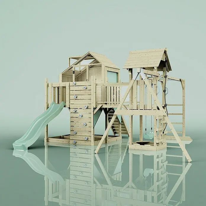 OutdoorToys Kinderspielturm Mille Kinderschaukel; - Holz, Grün - Ein detailreiches Bild eines Holzspielplatzes mit Rutsche, Kletterwand und Schaukeln, ideal für Kinder. Die reflektierende Oberfläche verstärkt die Wirkung.