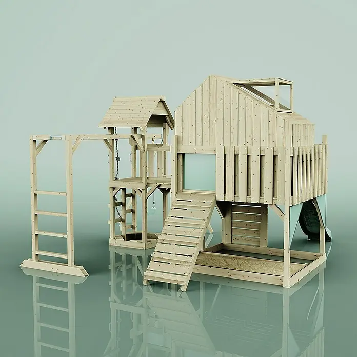 OutdoorToys Kinderspielturm Mille Kinderschaukel; - Holz, Grün - Ein vielseitiges Holzspielhaus mit Klettergerüst, Rutsche und Sandkasten für stundenlangen Spielspaß im Freien.