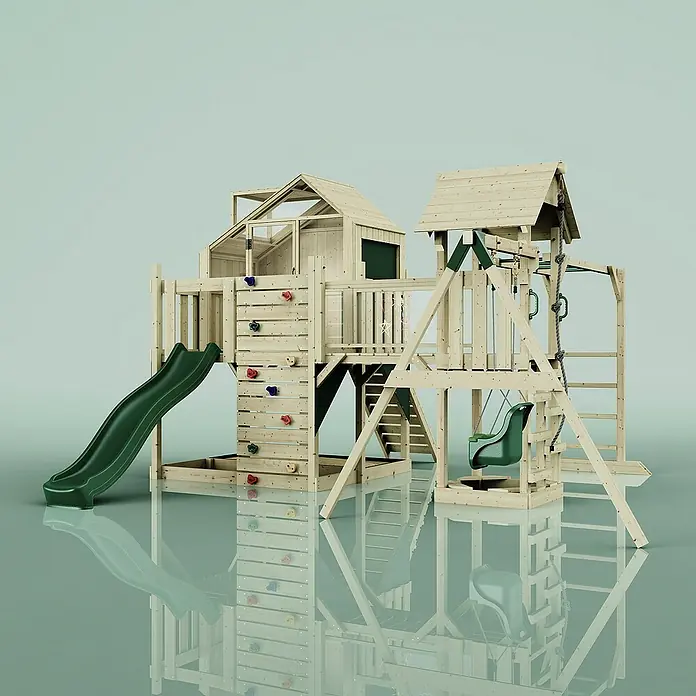 OutdoorToys Kinderspielturm Polarplay Mille Grün - Holz, Grün - Attraktives Spielhaus mit Rutsche, Schaukel und Kletterwand. Ideal für den Garten und aktive Kinder.