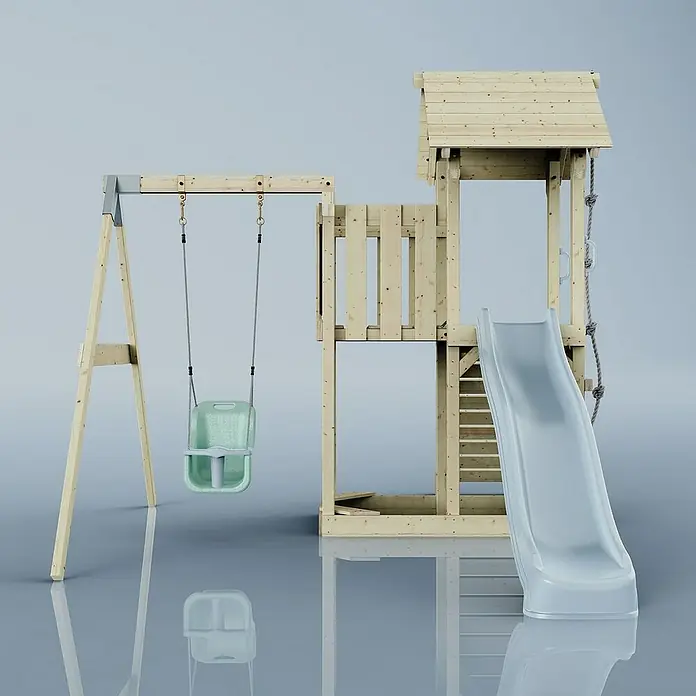 OutdoorToys Kinderspielturm Bergen - L x B x H: 283 x 357 x 273 cm, Blau - Ein hölzernes Spielgerät mit Schaukel, Rutsche und Kletterturm, ideal für stundenlangen Spaß im Freien.