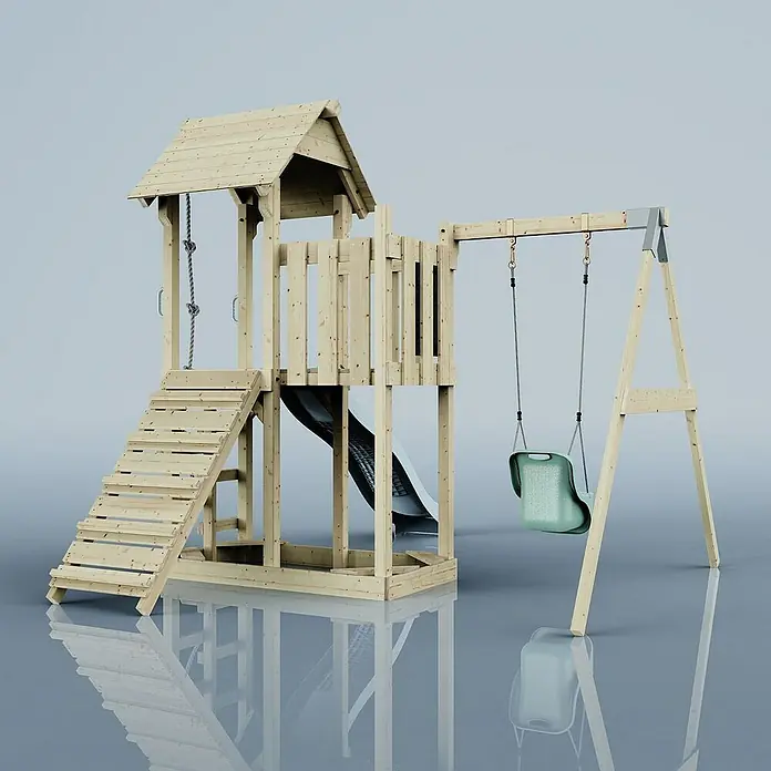 OutdoorToys Kinderspielturm Bergen - L x B x H: 283 x 357 x 273 cm, Blau - Holzspielplatz mit Turm, Rutsche und Schaukel für Kinder. Ideal für fantasievolles Spielen im Freien.