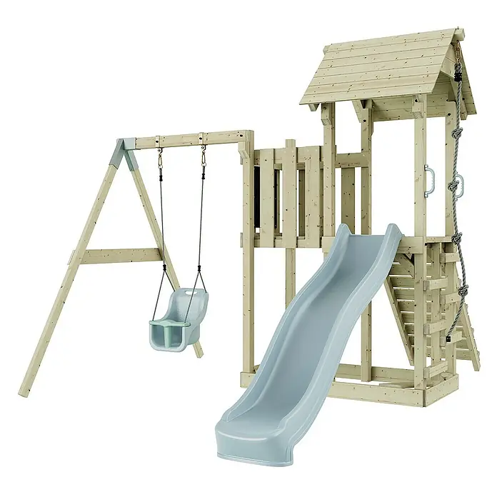 OutdoorToys Kinderspielturm Bergen - L x B x H: 283 x 357 x 273 cm, Blau - Detailaufnahme eines Holzspielplatzes mit Schaukel, Rutsche und Kletterturm. Ideal für Kinder zum Spielen und Toben im Garten.