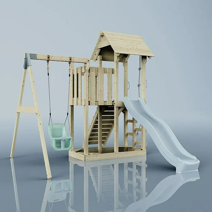 OutdoorToys Kinderspielturm Bergen - L x B x H: 283 x 357 x 273 cm, Blau - Eine hölzerne Kinderspielanlage mit Schaukel, Rutsche, Turm und Leiter für stundenlangen Spaß im Freien. Das perfekte Spielgerät für den Garten.