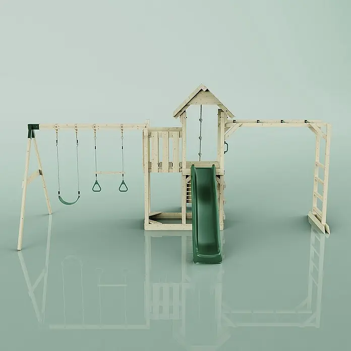 OutdoorToys Kinderspielturm Helsingborg - L x B x H: 358 x 562 x 275 cm, Grün - Holzspielplatz mit Schaukeln, Rutsche und Klettergerüst für Kinder zum Spielen im Garten.