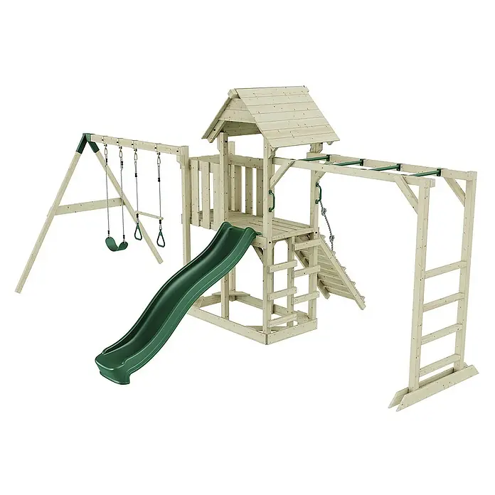 OutdoorToys Kinderspielturm Helsingborg - L x B x H: 358 x 562 x 275 cm, Grün - Ein hölzerner Kinderspielplatz mit Schaukeln, Rutsche, Klettergerüst und einem kleinen Häuschen für stundenlangen Spielspaß im Garten.