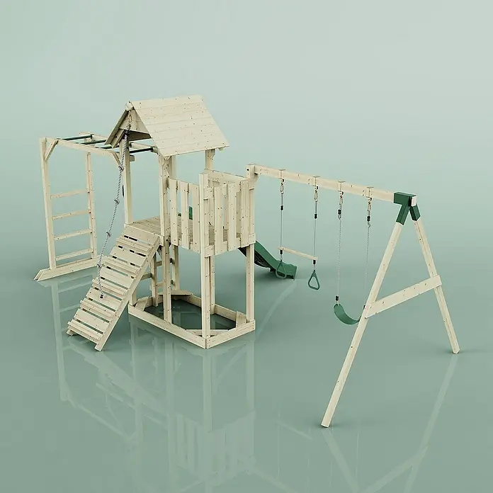 OutdoorToys Kinderspielturm Helsingborg - L x B x H: 358 x 562 x 275 cm, Grün - Ein Spielplatz aus Holz mit Schaukel, Rutsche und Klettergerüst bietet Kindern vielseitige Spielmöglichkeiten im Freien.