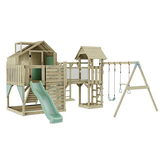 OutdoorToys Kinderspielturm Polarplay Knut - L x B x H: 490 x 503 x 291 cm, Grün - Ein hölzerner Spielplatz mit Rutsche, Schaukeln und Kletterwand für Kinder zum Spielen und Spaß haben im Freien.