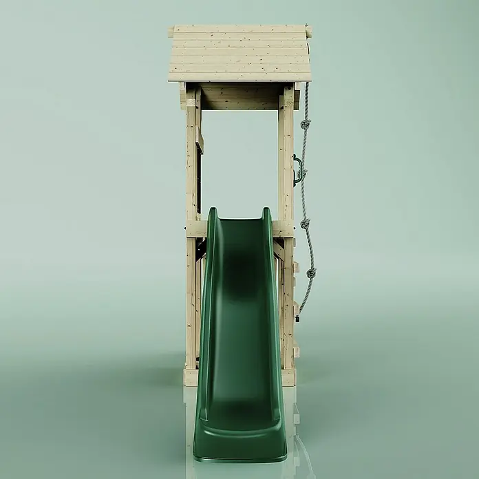 OutdoorToys Kinderspielturm Lillehammer - L x B x H: 112 x 357 x 273 cm, Grün - Nahaufnahme eines Spielturms mit grüner Rutsche und Kletterseil, ideal für Kinder zum Spielen im Garten.