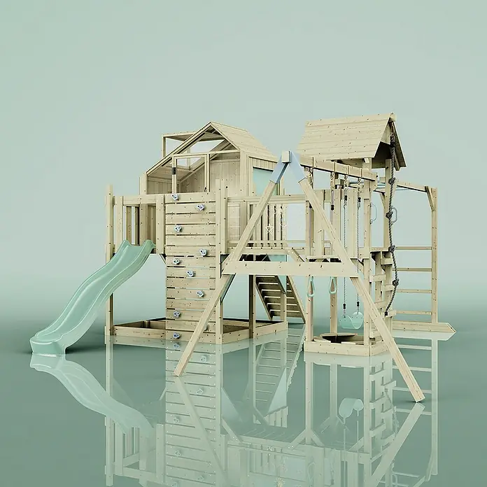 OutdoorToys Kinderspielturm Polarplay Knut - L x B x H: 490 x 503 x 291 cm, Grün - Hölzernes Klettergerüst mit Rutsche, Schaukel und Kletterwand, ideal für den Garten und aktive Kinder.