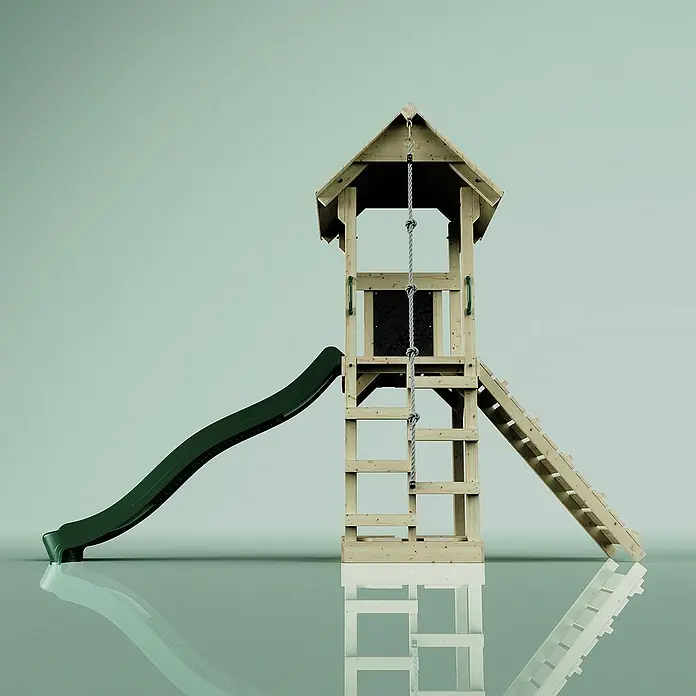 OutdoorToys Kinderspielturm Lillehammer - L x B x H: 112 x 357 x 273 cm, Grün - Ein hölzernes Spielhaus mit Rutsche, Leiter und Kletterseil, ideal für stundenlangen Spaß im Freien.