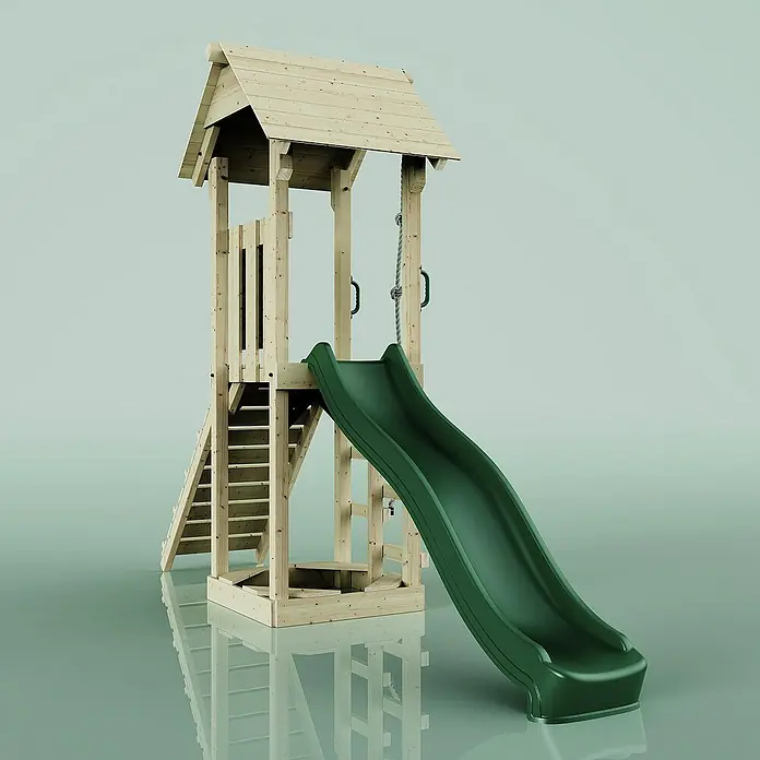 OutdoorToys Kinderspielturm Lillehammer - L x B x H: 112 x 357 x 273 cm, Grün - Bild eines Holzspielturms mit grüner Rutsche, Leiter und Seil, ideal für Kinder zum Spielen im Freien.