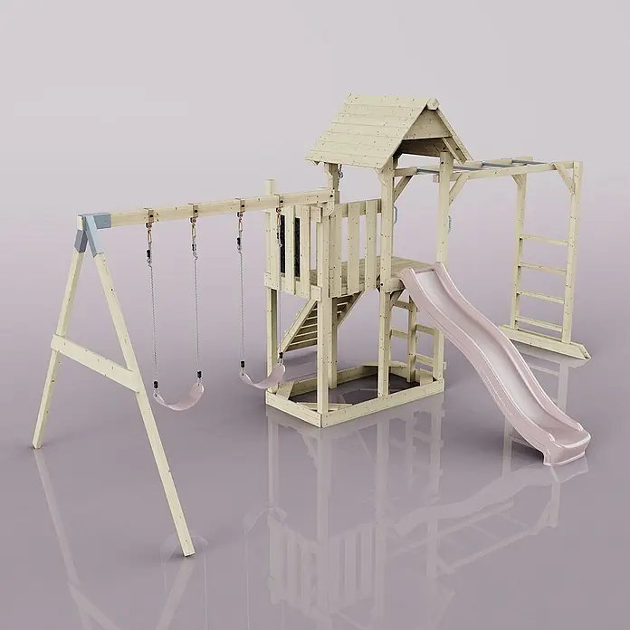 OutdoorToys Kinderspielturm Helsingborg - L x B x H: 358 x 562 x 275 cm, Rosa - Kinderspielplatz aus Holz mit Schaukeln, Rutsche und Klettergerüst für den Garten. Ideal für aktive Kinder und fantasievolles Spielen.