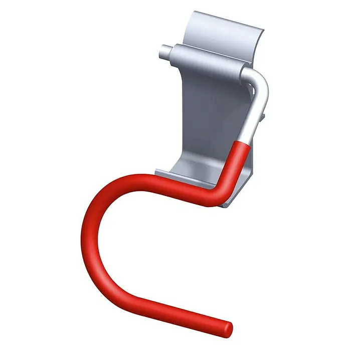 Kantoflex Coaxis Gerätehalter - 60 x 88 mm, Aluminium, Traglast: 10 kg, Passend für: Coaxis Profile, Unbehandelt - Nahaufnahme eines Metall-Wandhakens mit rotem Gummischutz für eine sichere Aufhängung. Ideal für Werkzeuge und mehr.