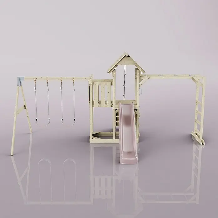 OutdoorToys Kinderspielturm Helsingborg - L x B x H: 358 x 562 x 275 cm, Rosa - Abbildung eines naturbelassenen Holz-Spielplatzes mit Schaukeln, Rutsche und Klettergerüst auf reflektierendem Untergrund.