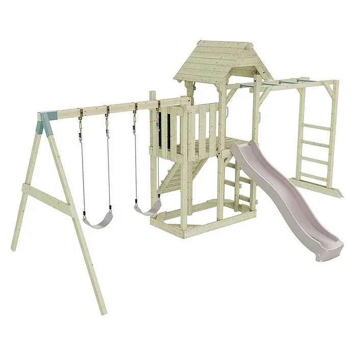 OutdoorToys Kinderspielturm Helsingborg - L x B x H: 358 x 562 x 275 cm, Rosa - Ein Holzspielplatz mit Schaukeln, Rutsche und Klettergerüst für Kinder, ideal für den Garten.