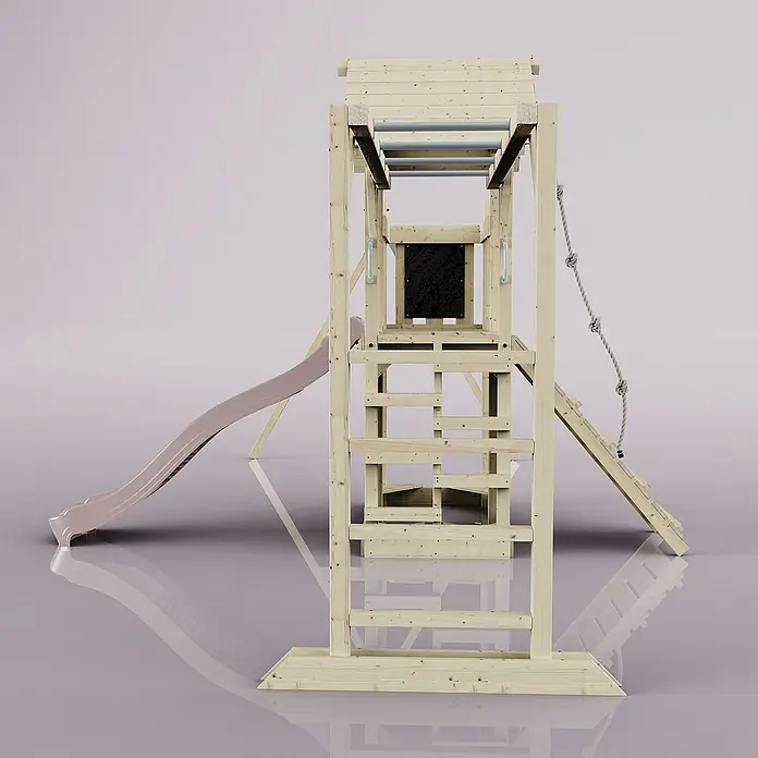 OutdoorToys Kinderspielturm Helsingborg - L x B x H: 358 x 562 x 275 cm, Rosa - Detailaufnahme eines hölzernen Kinderspielturms mit Rutsche, Kletterwand und Sprossenwand. Ideal für den Garten.