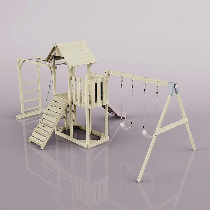 OutdoorToys Kinderspielturm Helsingborg - L x B x H: 358 x 562 x 275 cm, Rosa - Hölzerner Spielplatz mit Schaukel, Rutsche, Kletterwand und Turm, ideal für Kinder zum Spielen im Freien.