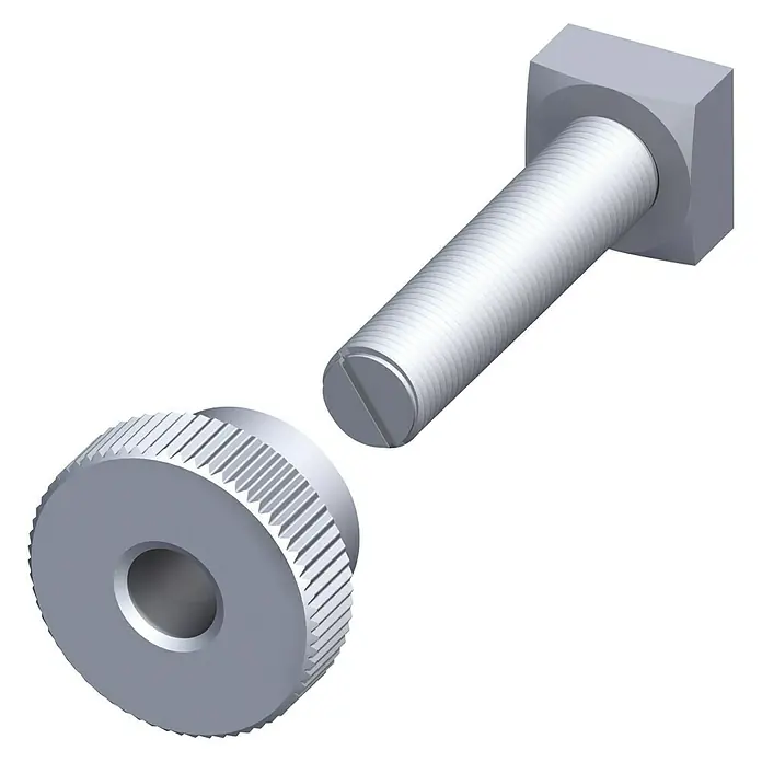 Kantoflex Coaxis Hakenbefestigungs-Set - Stahl, Vernickelt - Nahaufnahme einer Stellschraube mit Vierkantkopf und einer gerändelten Rändelmutter, beide silbern, für präzise Einstellungen.