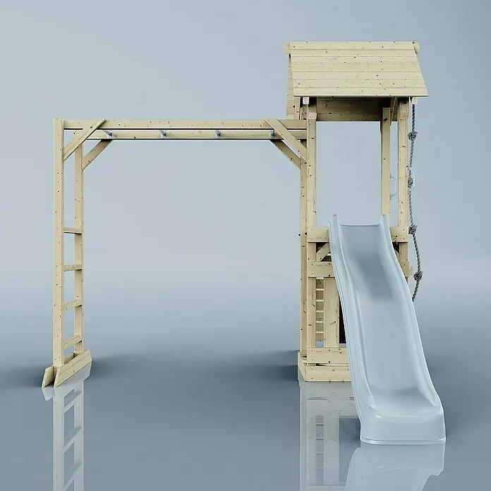 OutdoorToys Kinderspielturm Lund - L x B x H: 358 x 295 x 275 cm, Blau - Ein detailreiches Bild eines Holzspielhauses mit Rutsche, Klettergerüst und Affenschaukel, ideal für den Garten und stundenlangen Spielspaß.