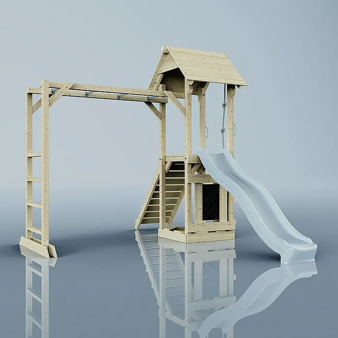 OutdoorToys Kinderspielturm Lund - L x B x H: 358 x 295 x 275 cm, Blau - Holzspielturm mit Rutsche, Klettergerüst und Leiter für Kinder zum Spielen im Freien.
