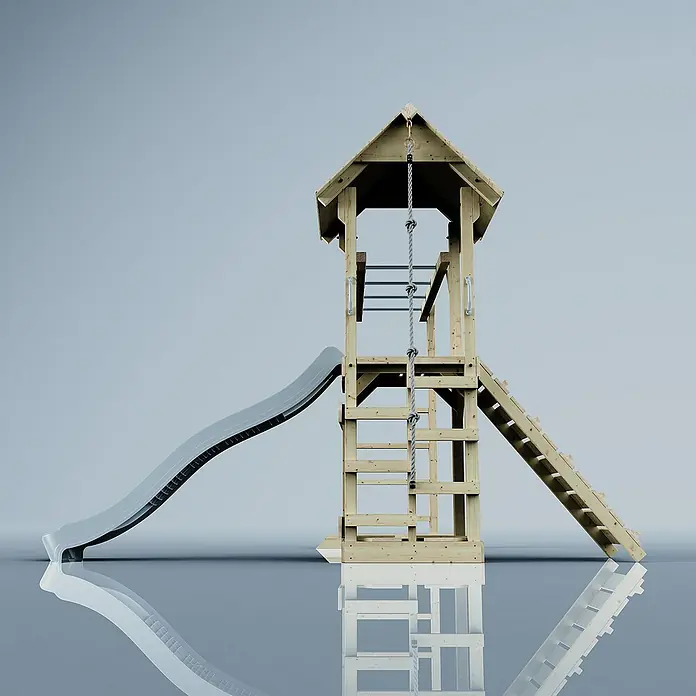 OutdoorToys Kinderspielturm Lund - L x B x H: 358 x 295 x 275 cm, Blau - Abenteuerlicher Spielturm mit Rutsche, Leiter und Kletterseil für Kinder. Ideal für den Garten!