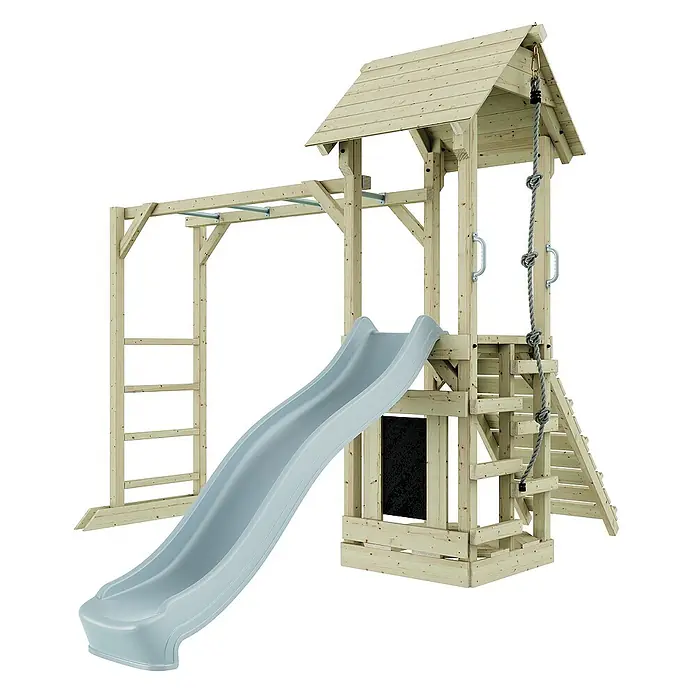OutdoorToys Kinderspielturm Lund - L x B x H: 358 x 295 x 275 cm, Blau - Bild eines Holzspielplatzes mit Rutsche, Klettergerüst und Dach, ideal für den Garten.