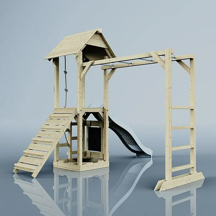 OutdoorToys Kinderspielturm Lund - L x B x H: 358 x 295 x 275 cm, Blau - Ein detailreiches Bild eines Kinderspielturms aus Holz mit Rutsche, Klettergerüst und kleinem Häuschen.