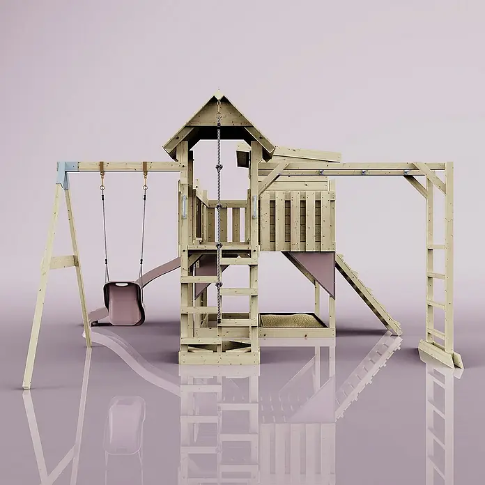 OutdoorToys Kinderspielturm Polarplay Inga - L x B x H: 400 x 503 x 274 cm, Rosa - Ein detailreiches Bild eines hölzernen Kinderspielhauses mit Schaukel, Rutsche und Klettergerüst auf reflektierendem Untergrund.