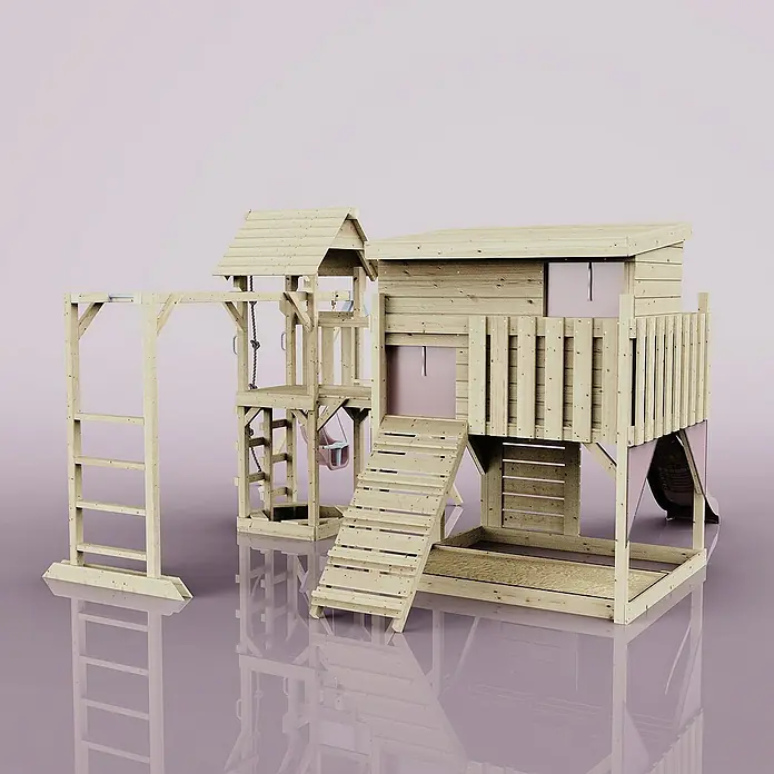 OutdoorToys Kinderspielturm Polarplay Inga - L x B x H: 400 x 503 x 274 cm, Rosa - Detailaufnahme eines hölzernen Spielhauses mit Leiter, Schaukel und Rutsche für den Garten. Das Spielhaus bietet vielseitige Spielmöglichkeiten.