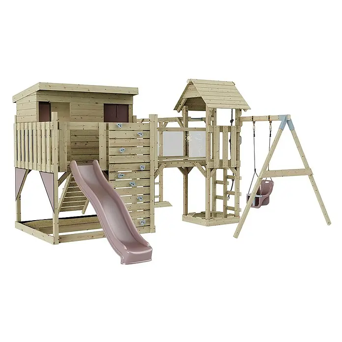 OutdoorToys Kinderspielturm Polarplay Inga - L x B x H: 400 x 503 x 274 cm, Rosa - Das vielseitige Spielset bietet mit Rutsche, Kletterwand und Schaukel stundenlangen Spielspaß im eigenen Garten.