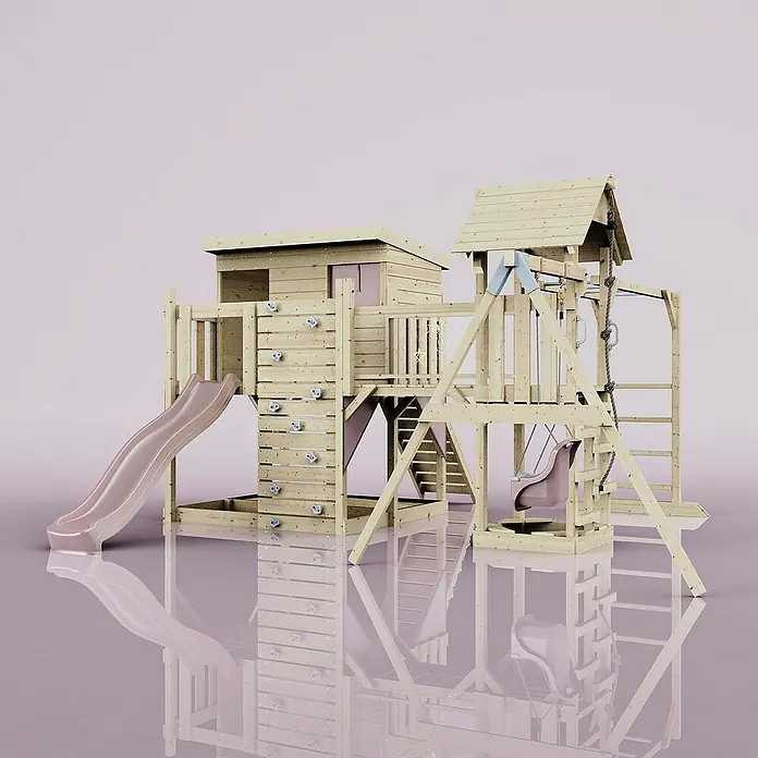 OutdoorToys Kinderspielturm Polarplay Inga - L x B x H: 400 x 503 x 274 cm, Rosa - Holzspielplatz mit Rutsche, Kletterwand und Schaukel für Kinder zum Austoben im Garten.